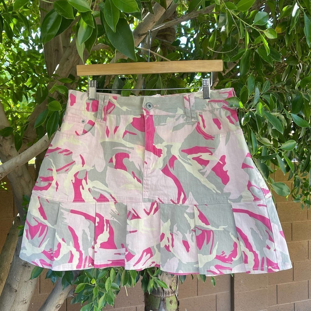 Y2K Lazer Jeans Skirt Womens 16 Pink Camo Utility Cargo Summer Retro Sporty